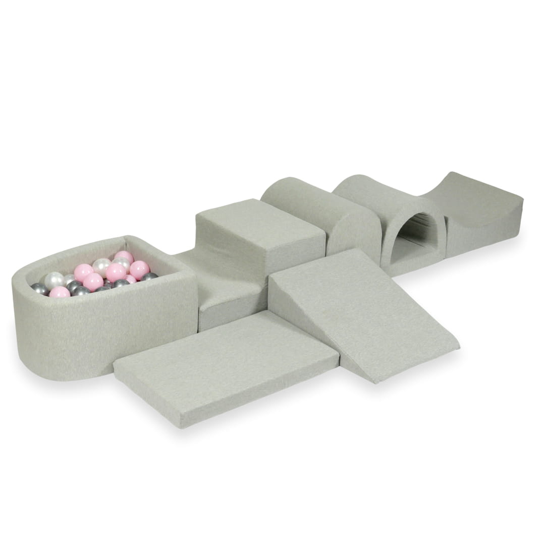 Aire de jeu en mousse avec micro-piscine gris clair avec balles 100 pièces (perle, argent, rose clair)