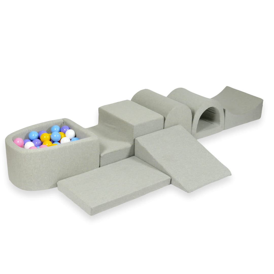Aire de jeu en mousse avec micro-piscine gris clair avec balles 100 pièces (bleu clair, jaune, chiné, rose poudré, blanc)