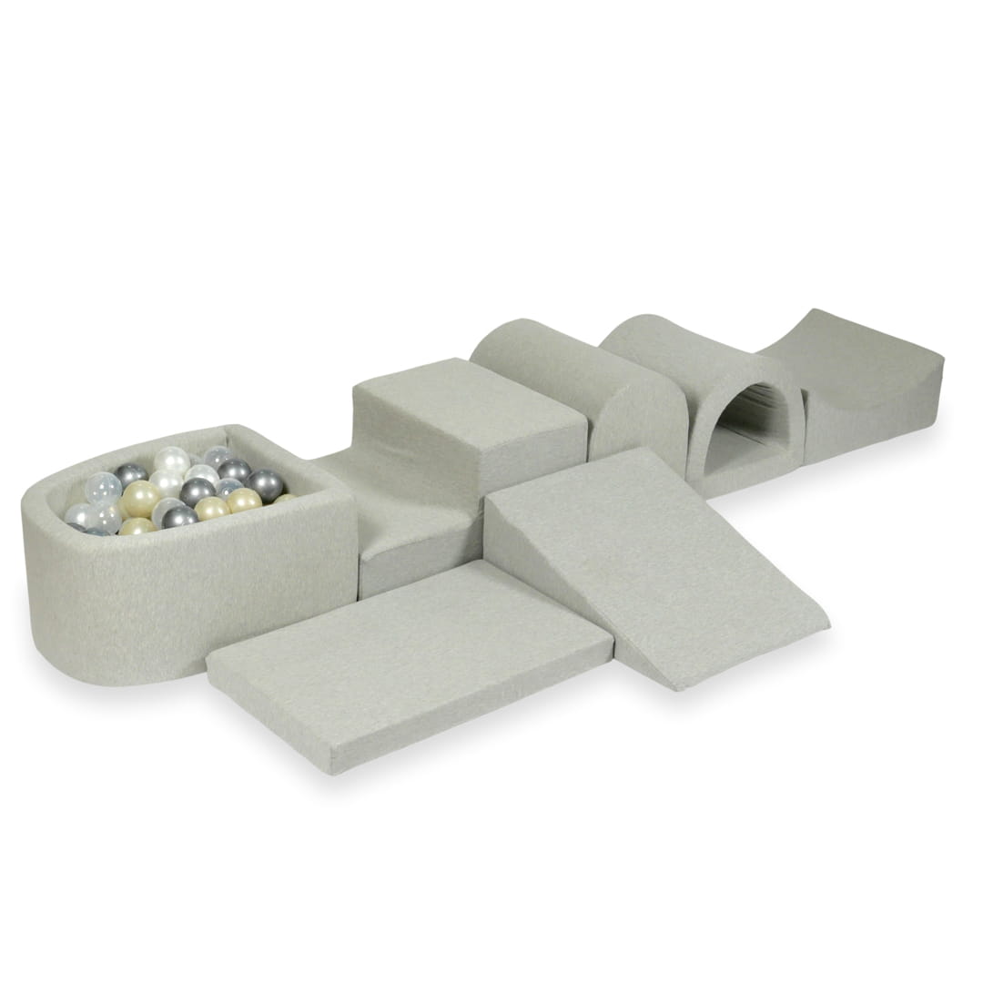 Aire de jeu en mousse avec micro-piscine gris clair avec balles 100 pièces (or clair, perle, argent, transparent)