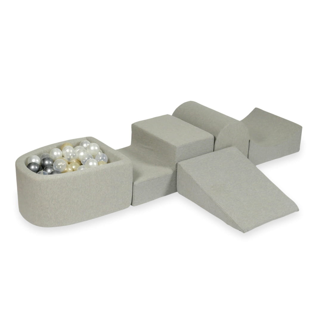 Ensemble de jeu en mousse avec colline et micro-piscine gris clair avec balles 100 pièces (or clair, perle, argent, transparent)