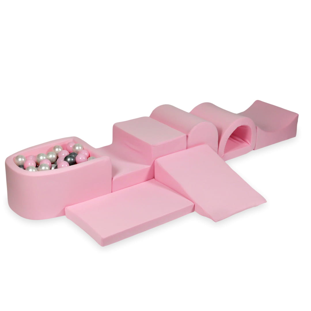 Aire jeu en mousse avec micro piscine rose poudré avec balles 100 pièces (perle, argent, rose clair)