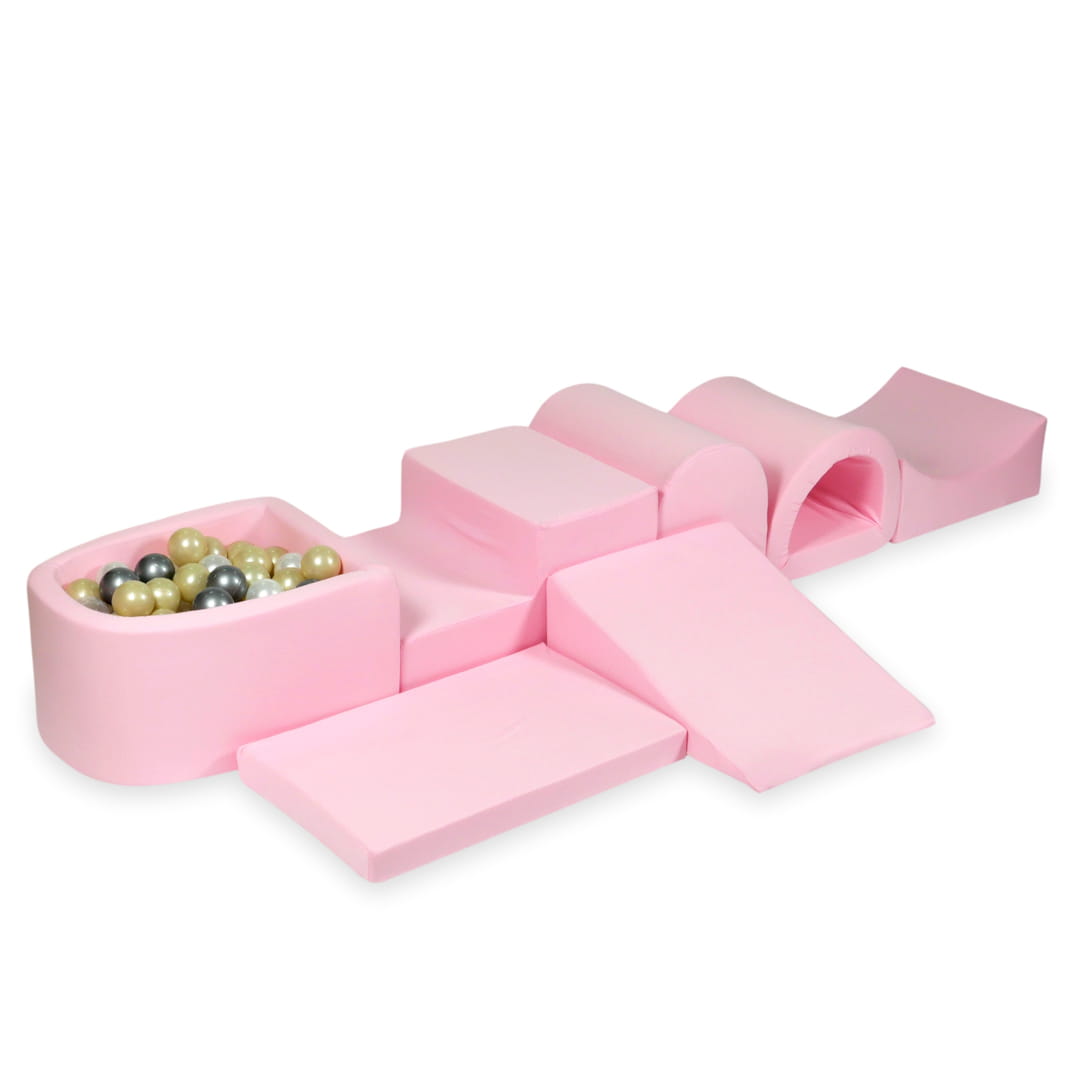 Aire de jeu en mousse avec micro piscine rose poudré avec balles 100 pièces (or clair, perle, argent, transparent)