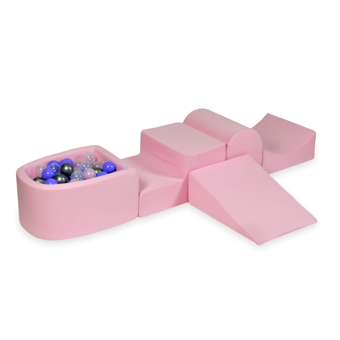 Ensemble de jeu en mousse avec colline et micro-piscine rose poudré avec balles 100 pièces (rose perle, argent, transparent, chiné)
