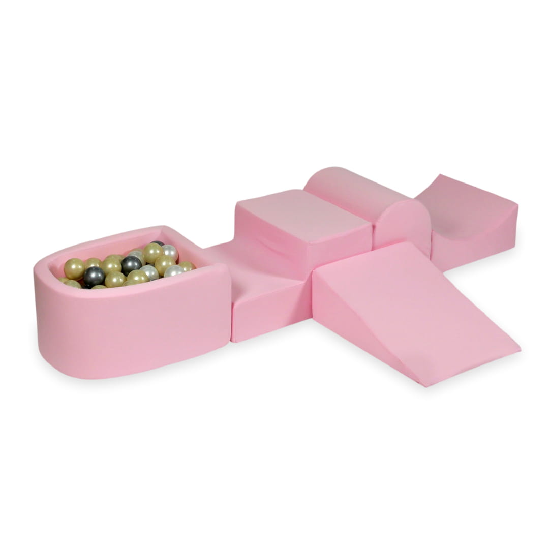 Ensemble de jeu en mousse avec colline et micro-piscine rose poudré avec balles 100 pièces (or clair, perle, argent, transparent)