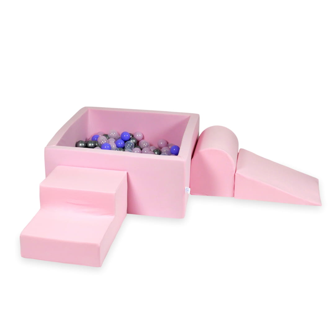 Ensemble de jeu en mousse avec piscine carrée 90x90x40 rose poudré avec balles 400 pcs (rose perle, argent, transparent, chiné)