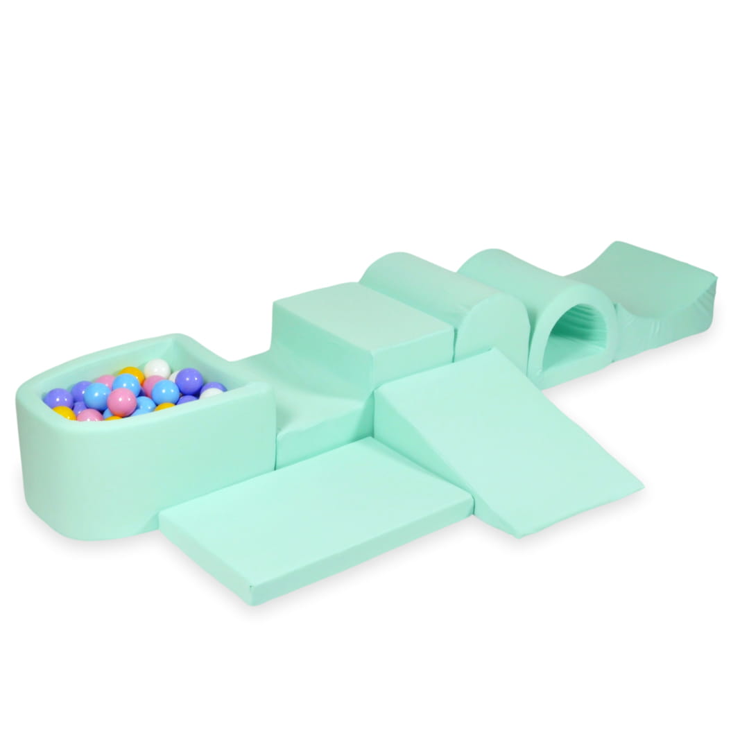 Aire de jeu en mousse avec micro piscine menthe avec balles 100 pièces (bleu clair, jaune, chiné, rose poudré, blanc)