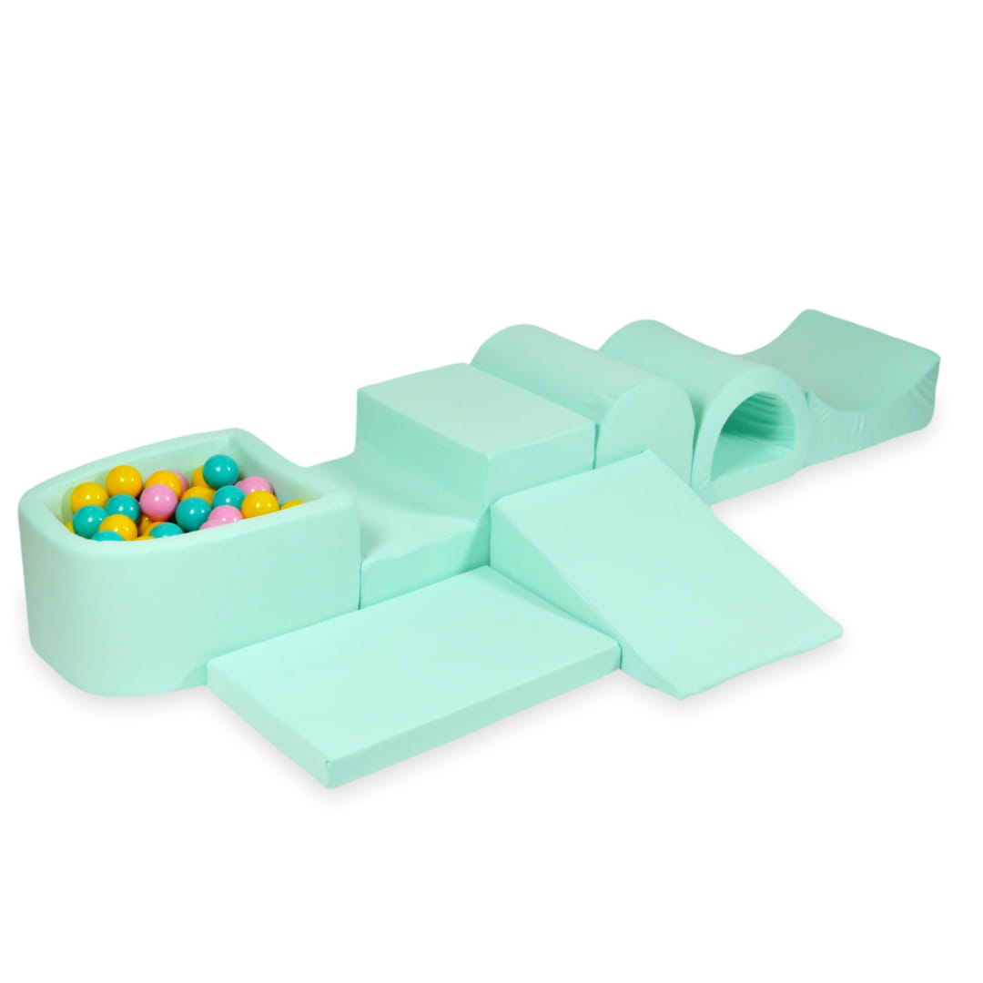 Aire de jeu en mousse avec micro piscine menthe avec balles 100 pièces (violet, rose poudré, turquoise, jaune)