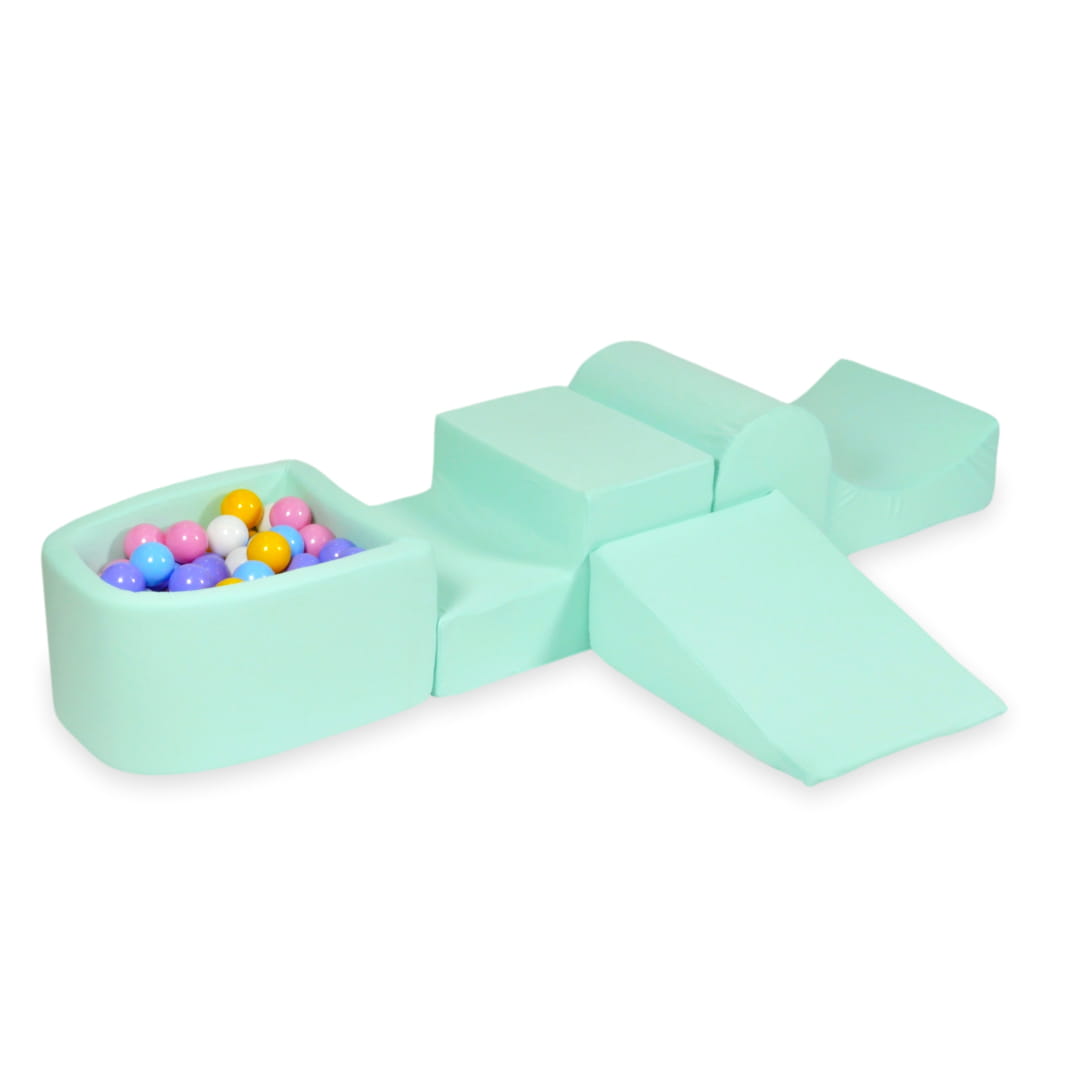 Ensemble de jeu en mousse avec colline et micro-piscine menthe avec balles 100 pièces (bleu clair, jaune, chiné, rose poudré, blanc)