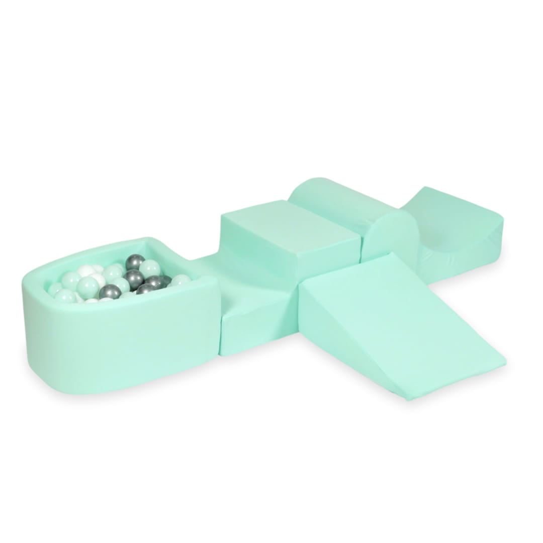 Ensemble de jeu en mousse avec colline et micro-piscine menthe avec balles 100 pièces (menthe claire, blanc, argent)