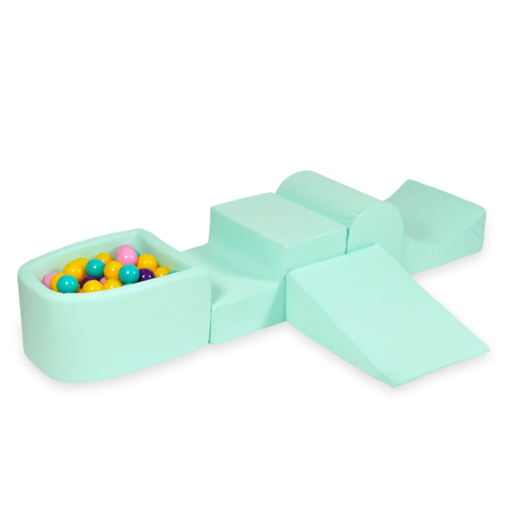 Ensemble de jeu en mousse avec colline et micro-piscine menthe avec balles 100 pièces (violet, rose poudré, turquoise, jaune)