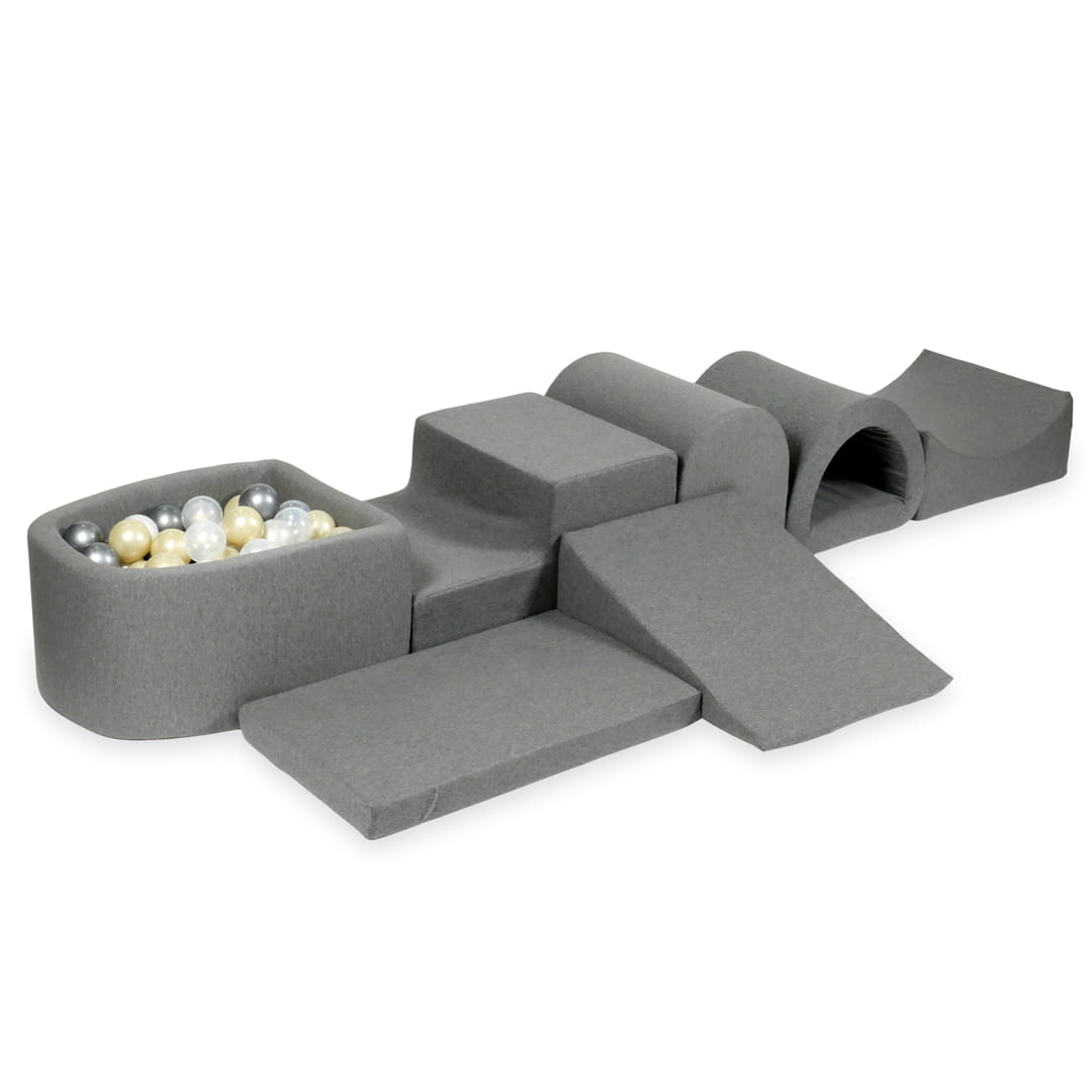 Aire de jeu en mousse avec micro piscine gris avec balles 100 pièces (or clair, perle, argent, transparent)