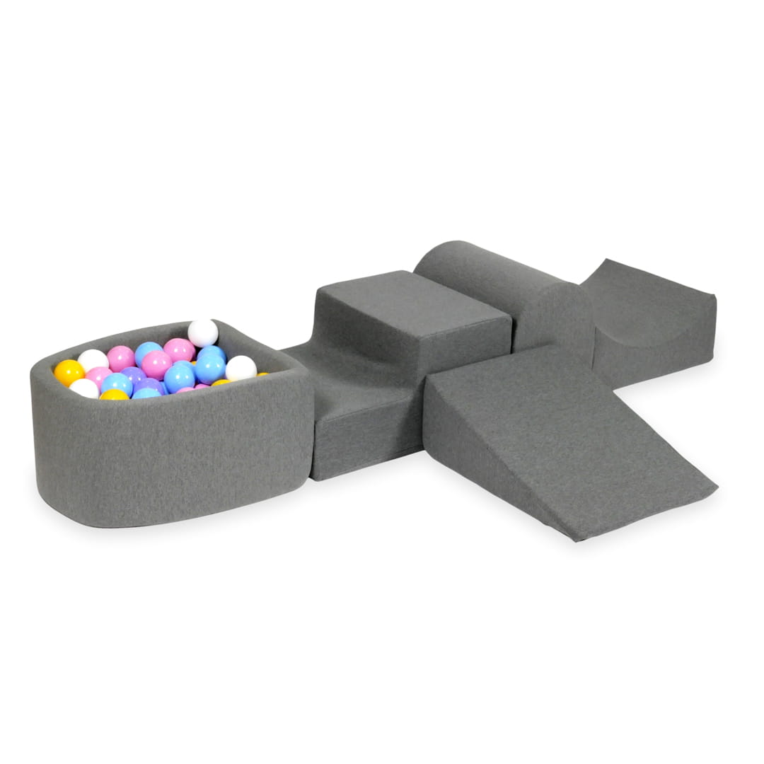 Ensemble de jeu en mousse avec colline et micro-piscine gris avec balles 100 pièces (bleu clair, jaune, chiné, rose poudré, blanc)