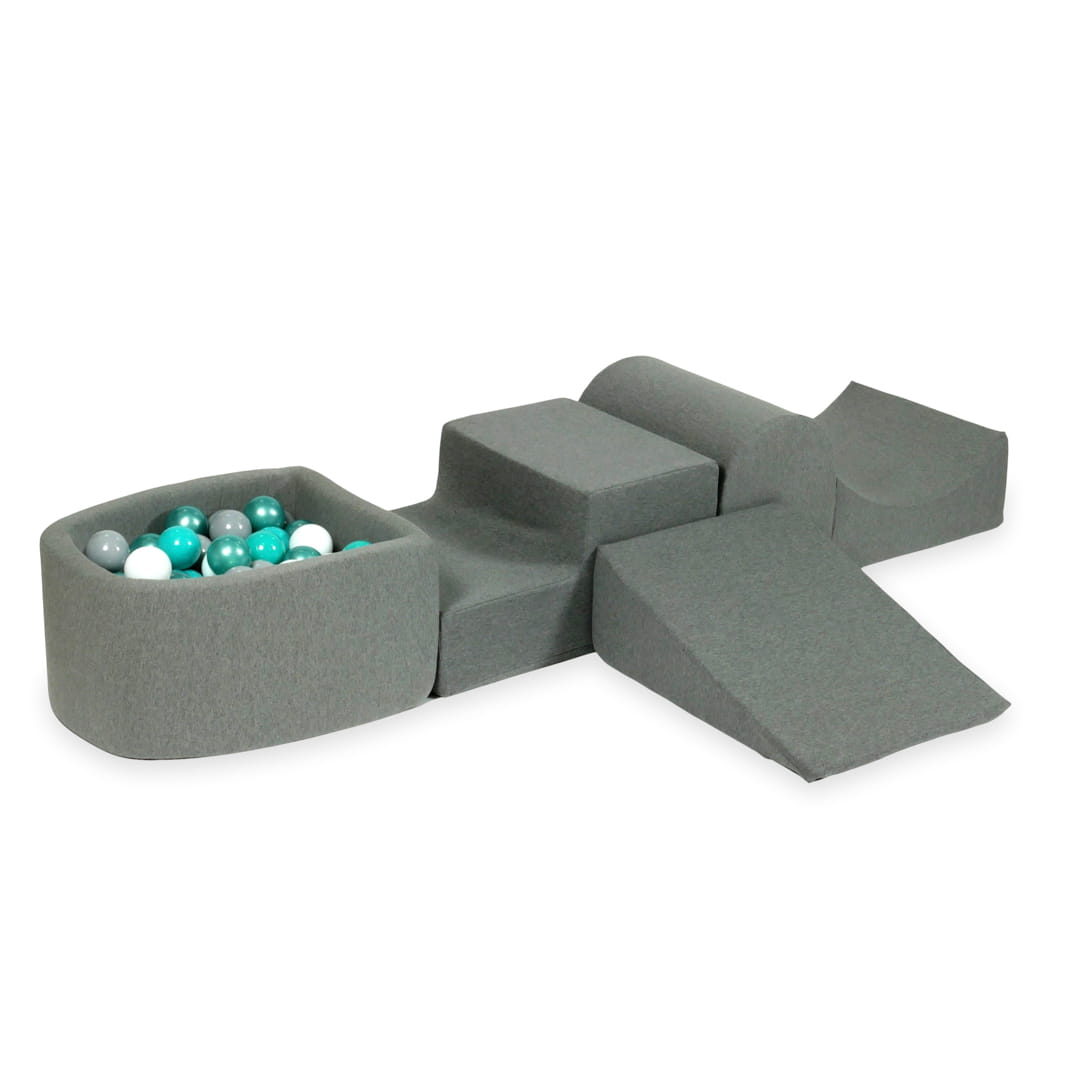 Ensemble de jeu en mousse avec colline et micro-piscine gris avec balles 100 pièces (turquoise métallisé, turquoise, gris, blanc)
