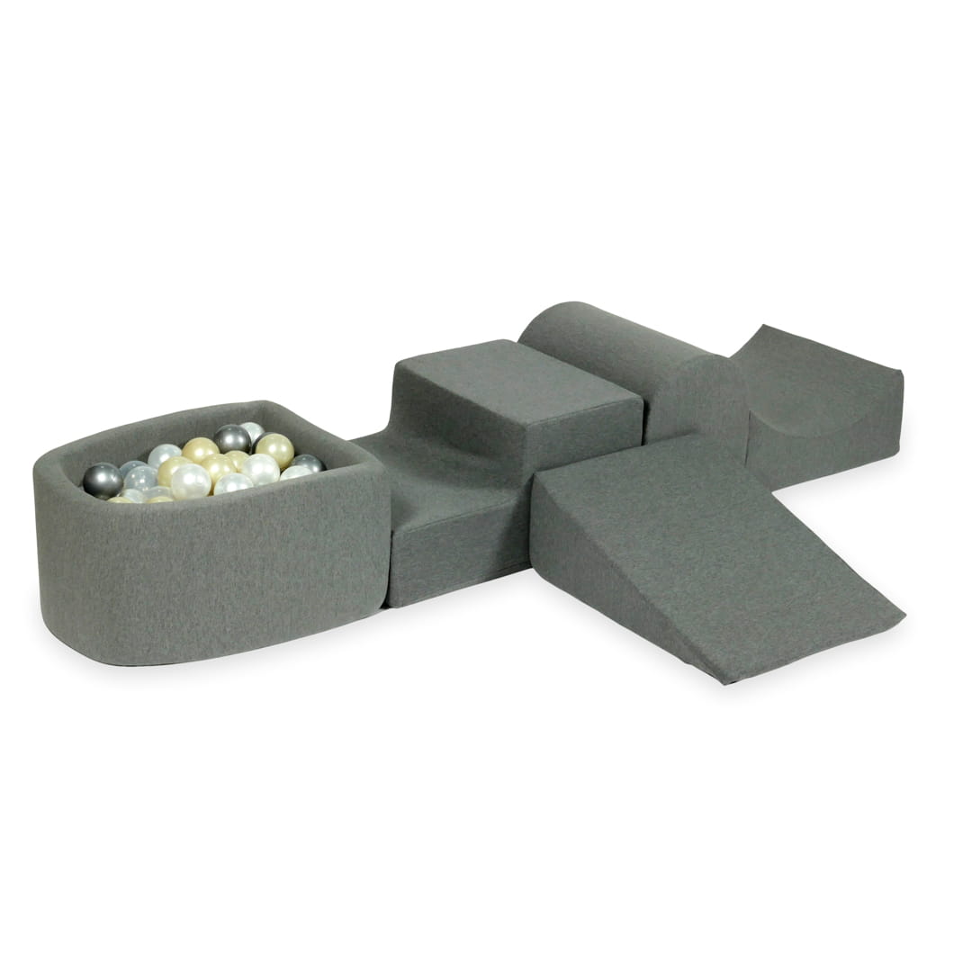 Ensemble de jeu en mousse avec colline et micro-piscine gris avec balles 100 pièces (or clair, perle, argent, transparent)