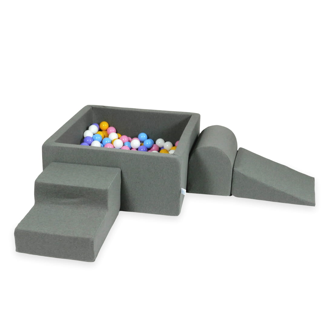 Ensemble de jeu en mousse avec piscine carrée 90x90x40 gris avec balles 400 pcs (bleu clair, jaune, chiné, rose poudré, blanc)