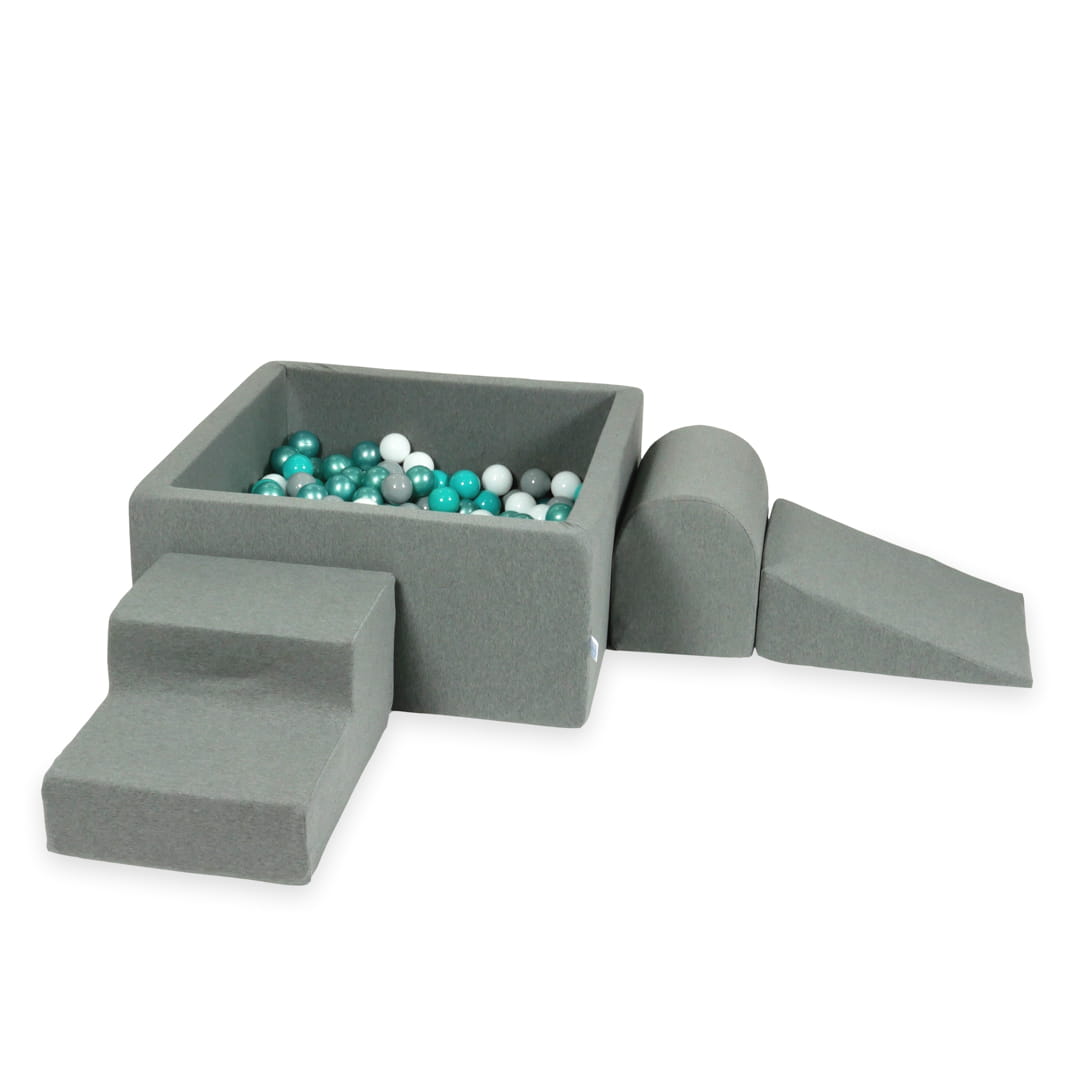 Ensemble de jeu en mousse avec piscine carrée 90x90x40 gris avec balles 400 pcs (turquoise métallisé, turquoise, gris, blanc)