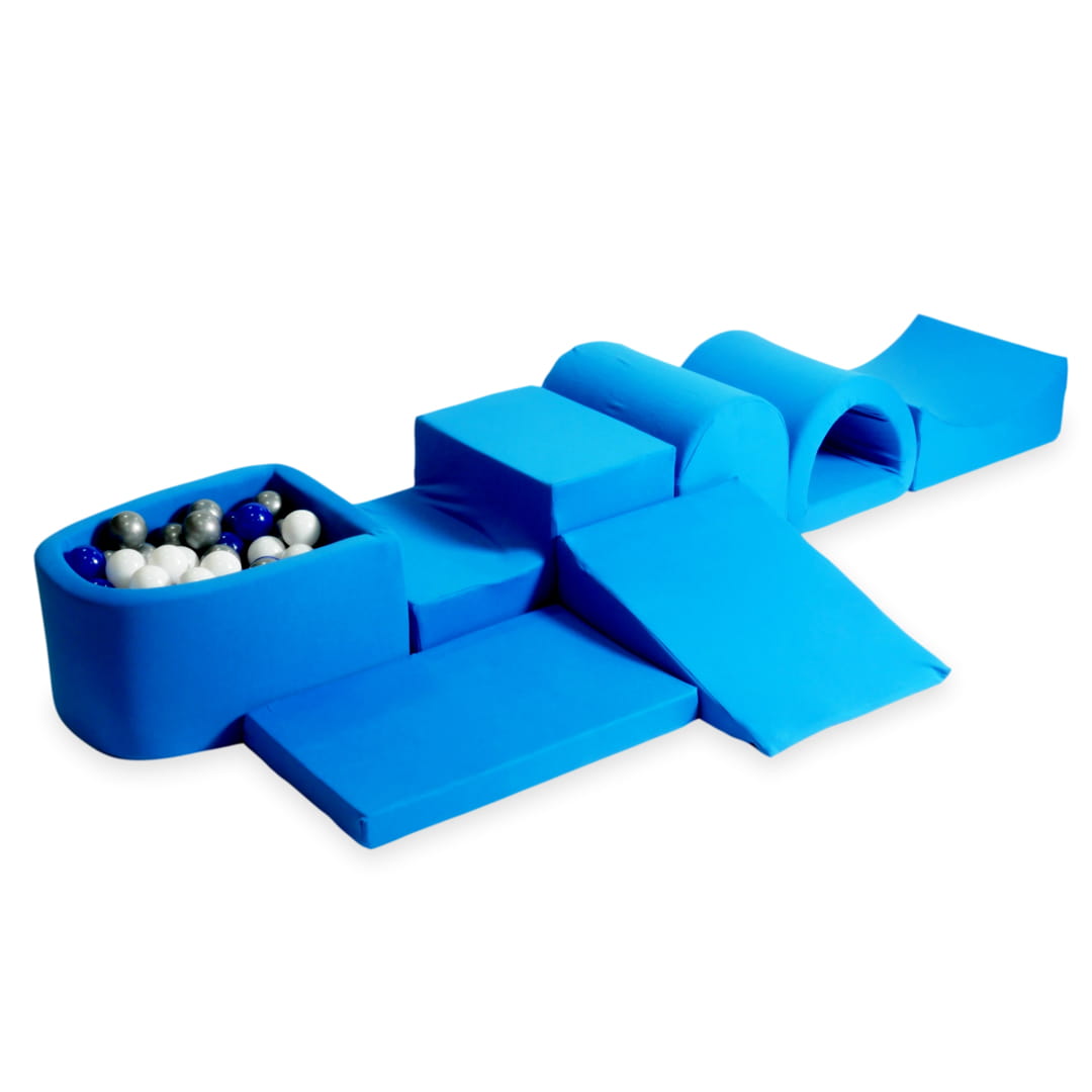 Aire de jeu en mousse avec micro piscine bleue avec balles 100 pièces (bleu, argent, blanc)