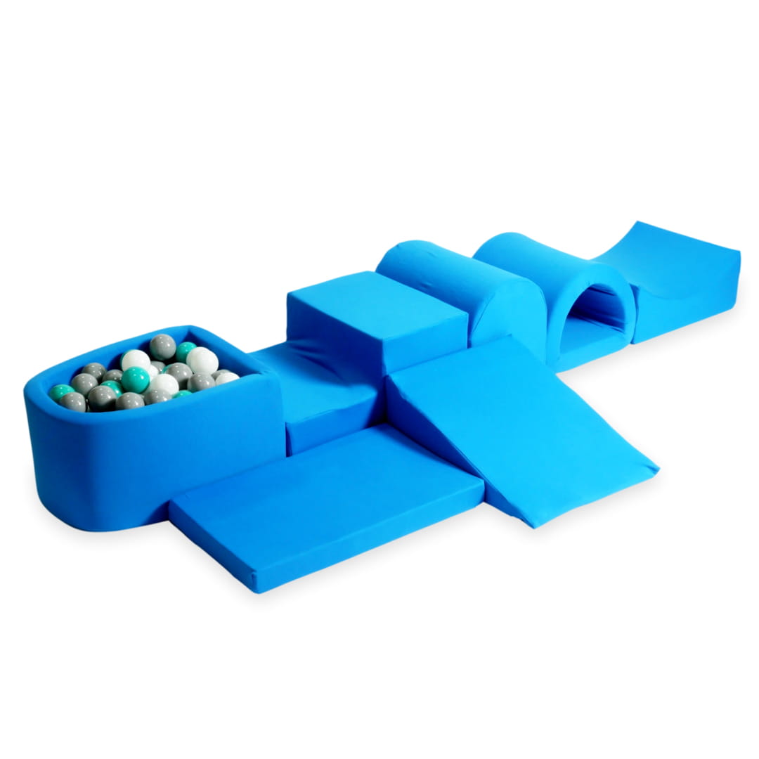 Aire de jeu en mousse avec micro piscine bleue avec balles 100 pièces (turquoise, blanc, gris)