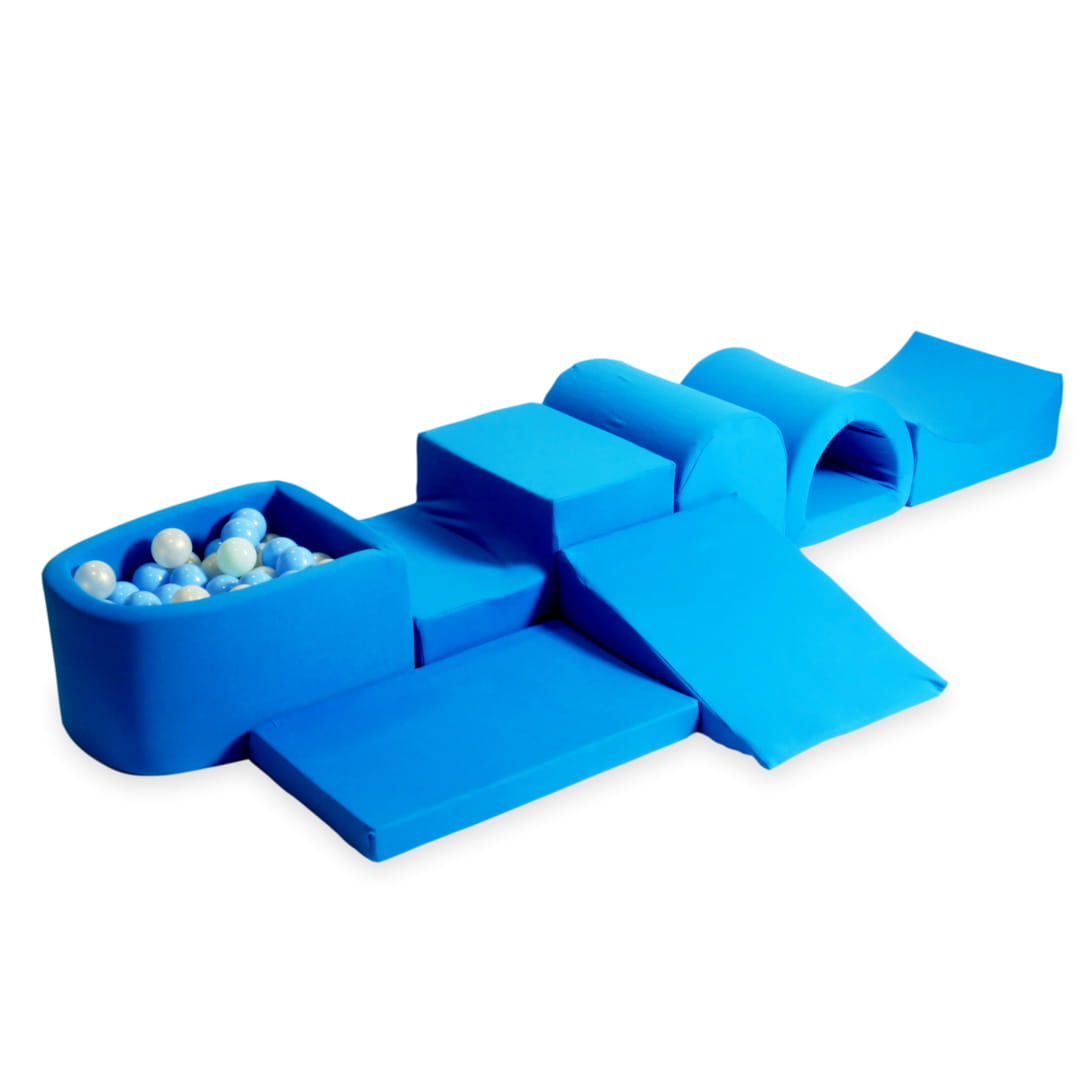 Aire de jeu en mousse avec micro piscine bleue avec balles 100 pièces (bleu clair, menthe clair, perle, effet sirène)