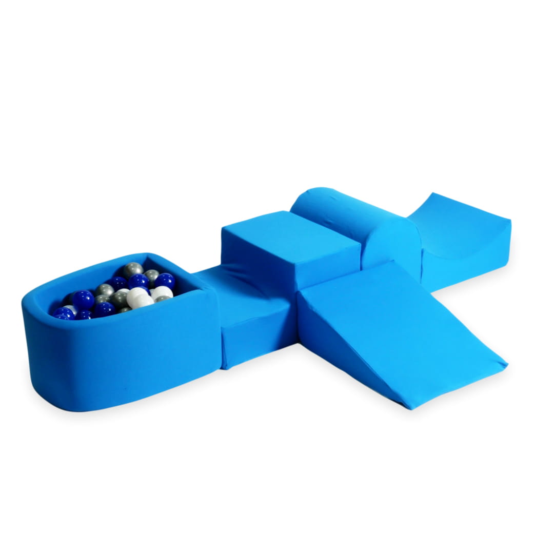 Ensemble de jeu en mousse avec colline et micro-piscine bleu avec balles 100 pièces (bleu, argent, blanc)