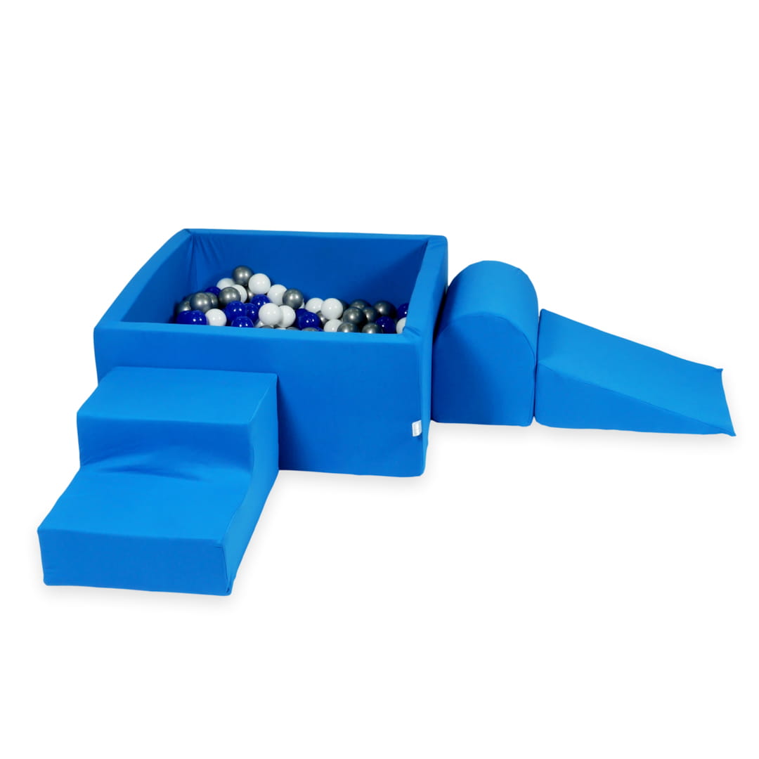 Ensemble de jeu en mousse avec piscine carrée 90x90x40 bleue avec balles 400 pièces (bleu, argent, blanc)