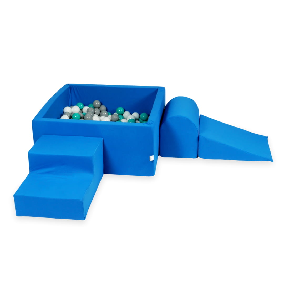 Ensemble de jeu en mousse avec piscine carrée 90x90x40 bleue avec balles 400 pièces (turquoise, blanc, gris)