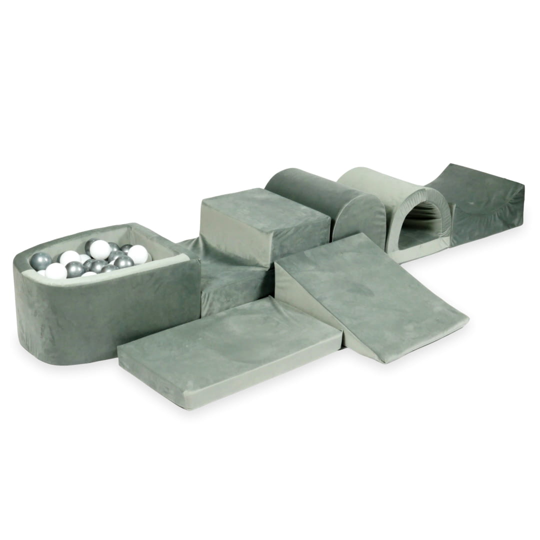 Aire de jeu en mousse avec micro piscine velours gris avec balles 100 pièces (blanc, argent)