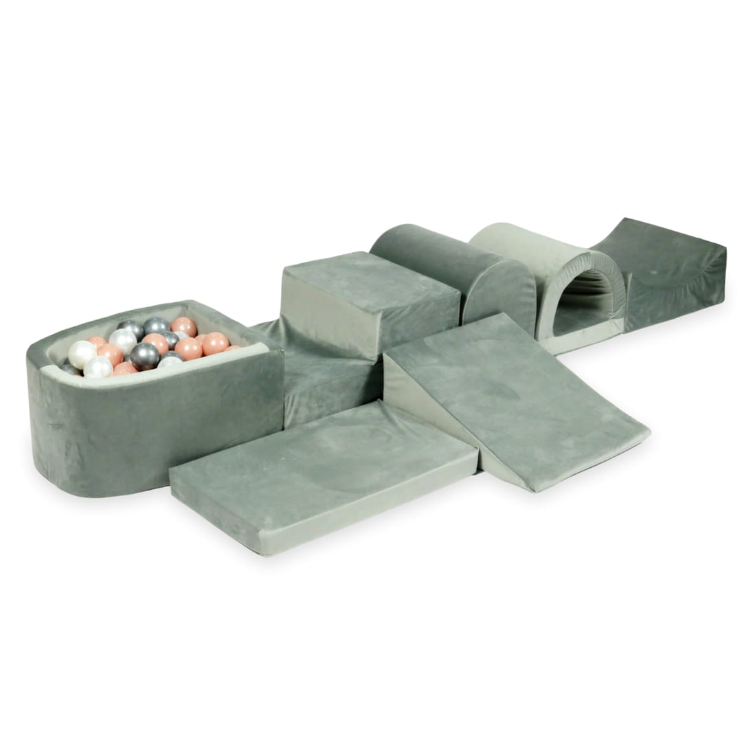 Aire de jeu en mousse avec micro piscine velours gris avec balles 100 pièces (argent, perle, or rose)