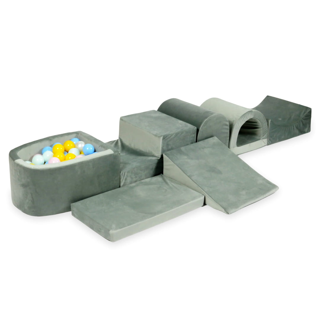 Aire de jeu en mousse avec micro piscine velours gris avec balles 100 pièces (menthe clair, rose clair, bleu clair, perle, jaune)