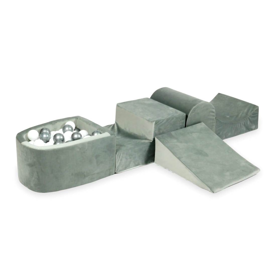 Ensemble de jeu en mousse avec colline et micro-piscine velours gris avec balles 100 pièces (blanc, argent)