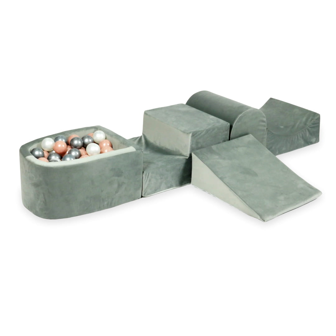 Ensemble de jeu en mousse avec colline et micro-piscine velours gris avec balles 100 pièces (argent, perle, or rose)