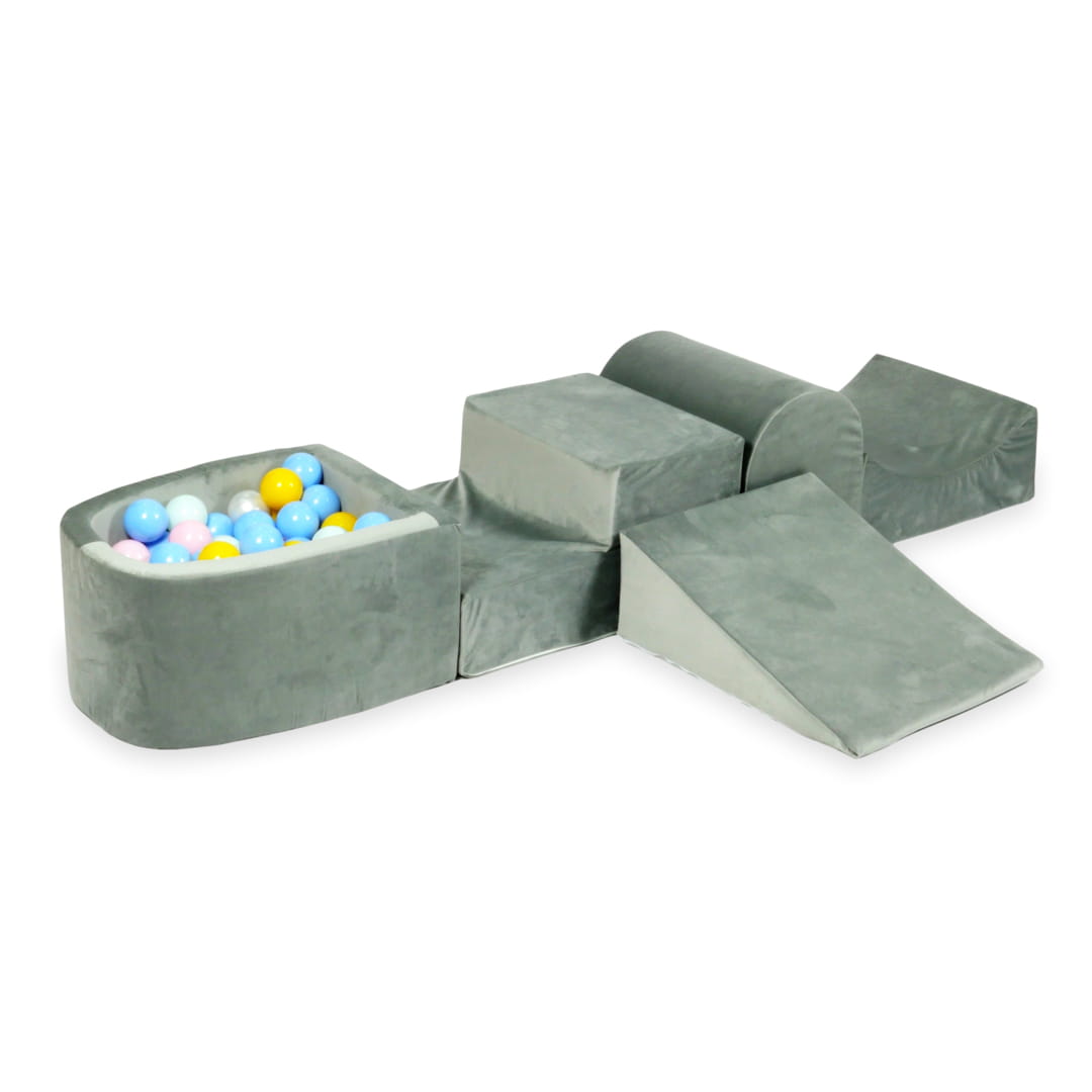 Ensemble de jeu en mousse avec colline et micro-piscine velours gris avec balles 100 pièces (menthe clair, rose clair, bleu clair, perle, jaune)