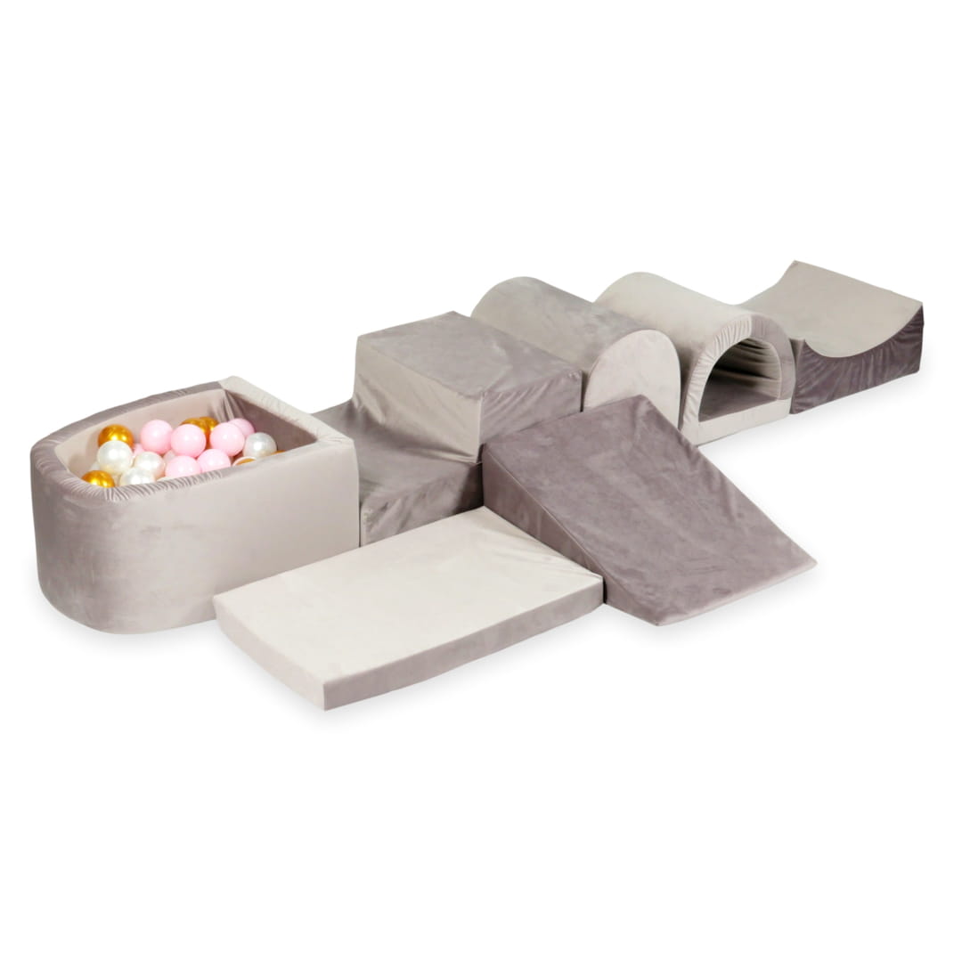 Aire de jeu en mousse avec micro piscine velours lila avec balles 100 pièces (or, rose clair, perle)