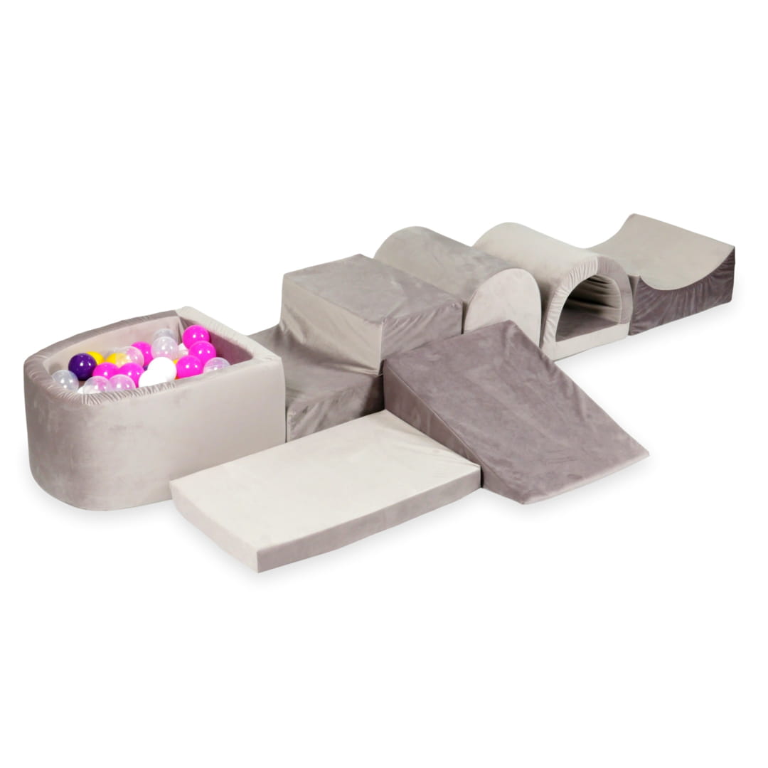 Aire de jeu en mousse avec micro piscine velours lila avec balles 100 pièces (violet, rose, jaune, blanc, transparent)