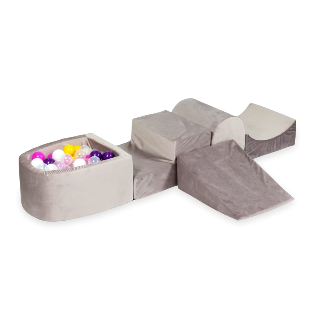 Ensemble de jeu en mousse avec colline et micro-piscine velours lila avec balles 100 pièces (violet, rose, jaune, blanc, transparent)