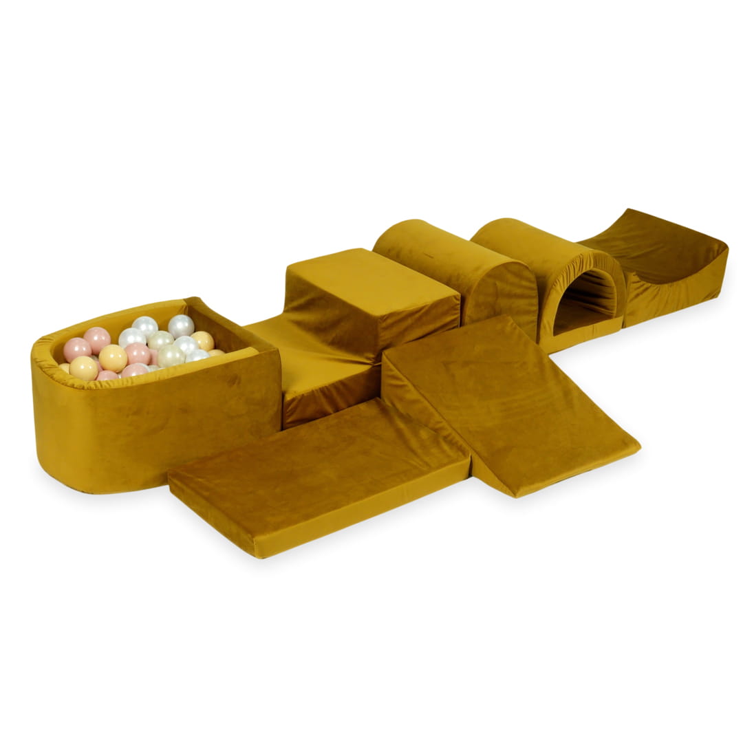 Aire de jeu en mousse avec micro piscine velours doré avec boules 100 pièces (or clair, beige, perle, or rose)