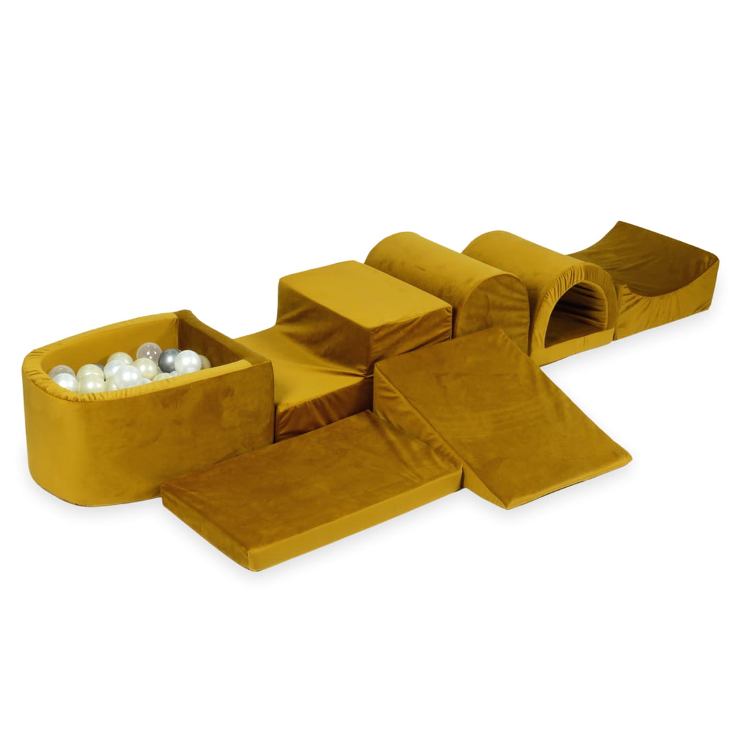 Aire de jeu en mousse avec micro piscine velours doré avec boules 100 pièces (or clair, perle, argent, transparent)
