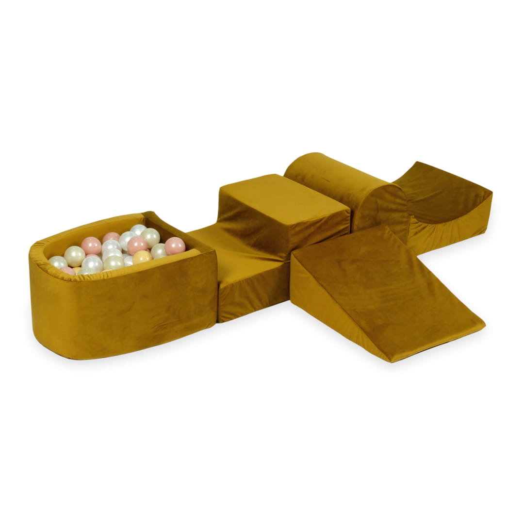 Ensemble de jeu en mousse avec colline et micro-piscine velours doré avec boules 100 pièces (or clair, beige, perle, or rose)
