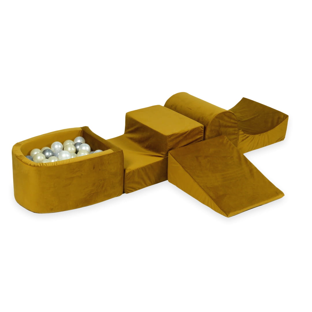 Ensemble de jeu en mousse avec colline et micro-piscine velours doré avec boules 100 pièces (or clair, perle, argent, transparent)