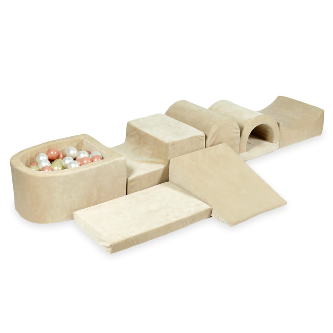 Aire de jeu en mousse avec micro piscine velours beige doux avec balles 100 pièces (or rose, or clair, perle)