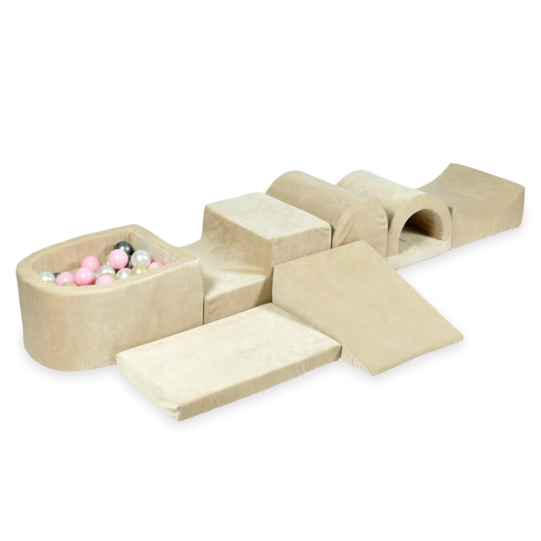 Aire de jeu en mousse avec micro piscine velours beige doux avec balles 100 pièces (rose clair, or clair, perle, argent)