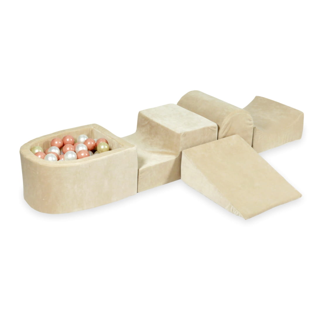 Ensemble de jeu en mousse avec colline et micro piscine velours beige doux avec balles 100 pièces (or rose, or clair, perle)