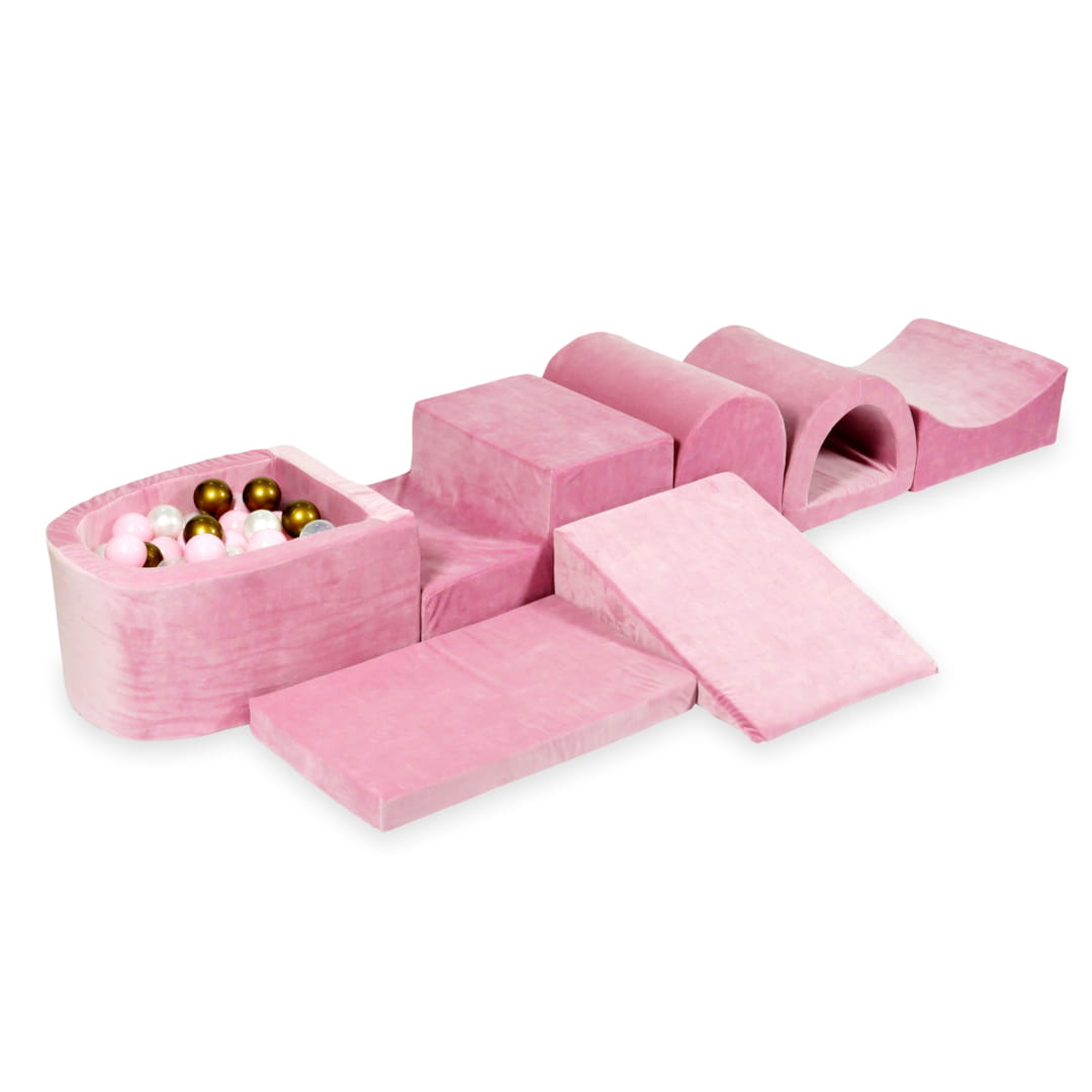 Aire de jeu en mousse avec micro piscine velours rose tendre avec boules 100 pièces (vieil or, rose clair, perle, transparent)