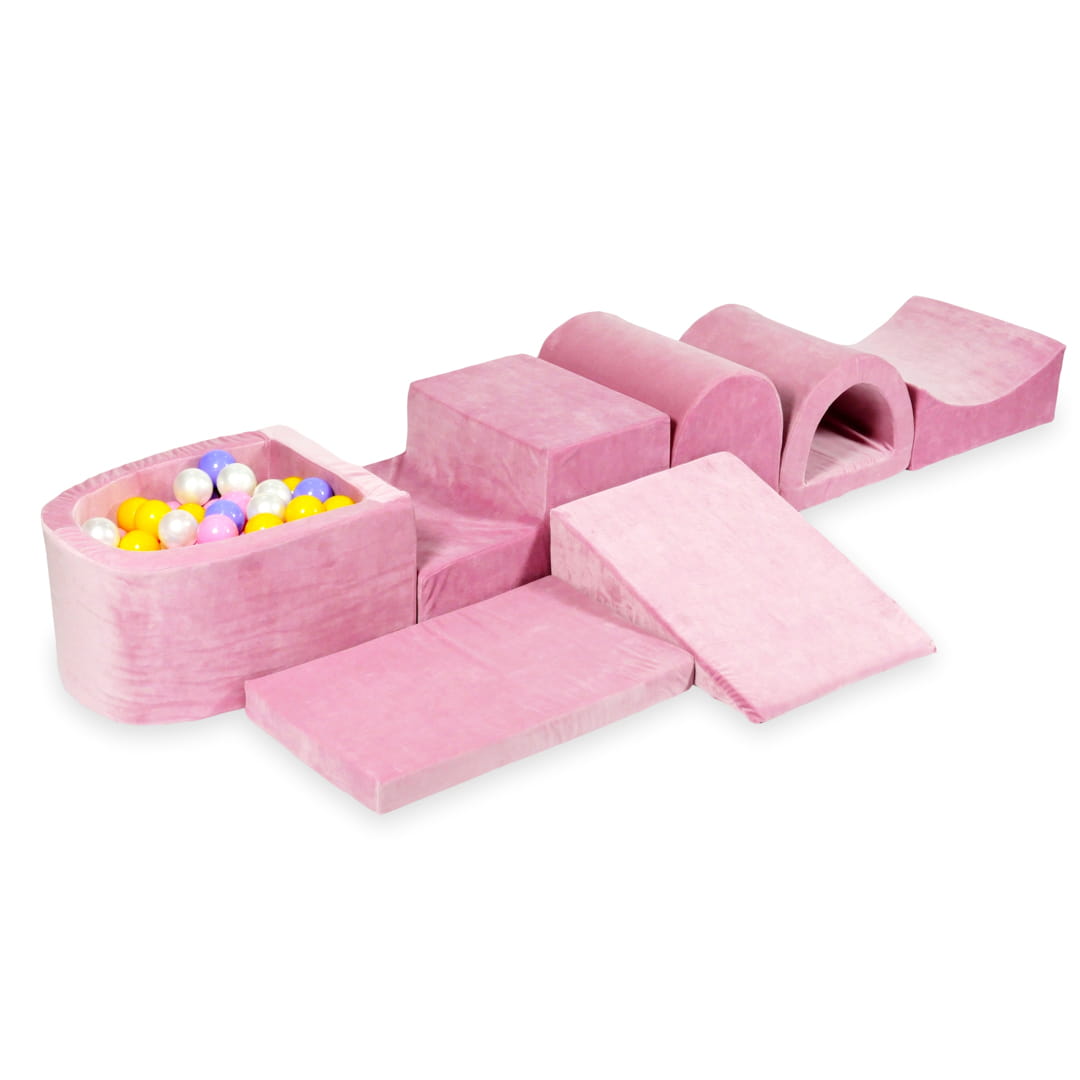 Aire de jeu en mousse avec micro piscine velours rose tendre avec balles 100 pièces (bruyère, jaune, rose poudré, perle)