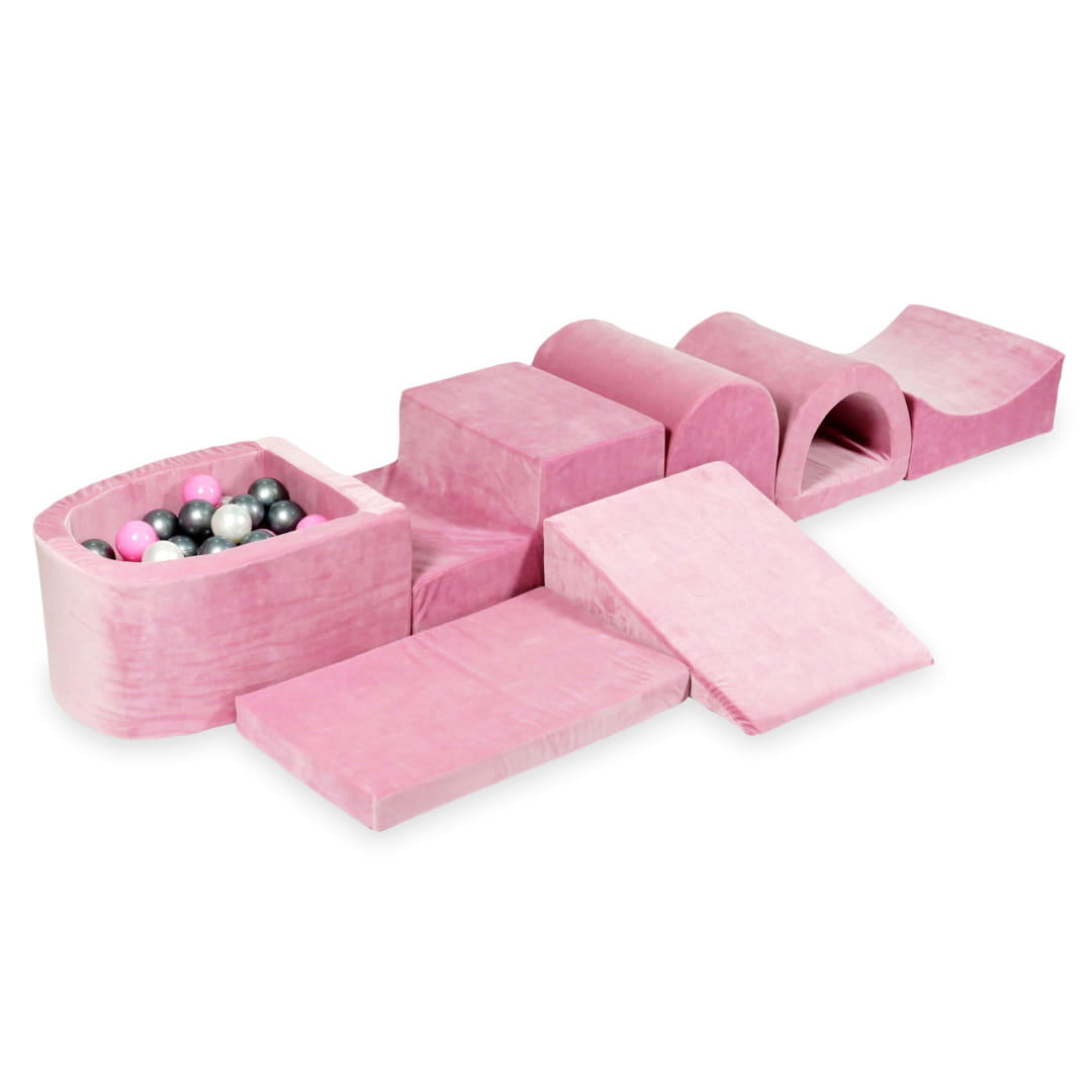 Aire de jeu en mousse avec micro piscine velours rose tendre avec balles 100 pièces (perle, argent, rose poudré)