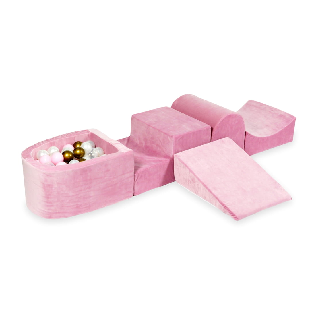 Ensemble de jeu en mousse avec colline et micro piscine velours rose tendre avec boules 100 pièces (vieil or, rose clair, perle, transparent)