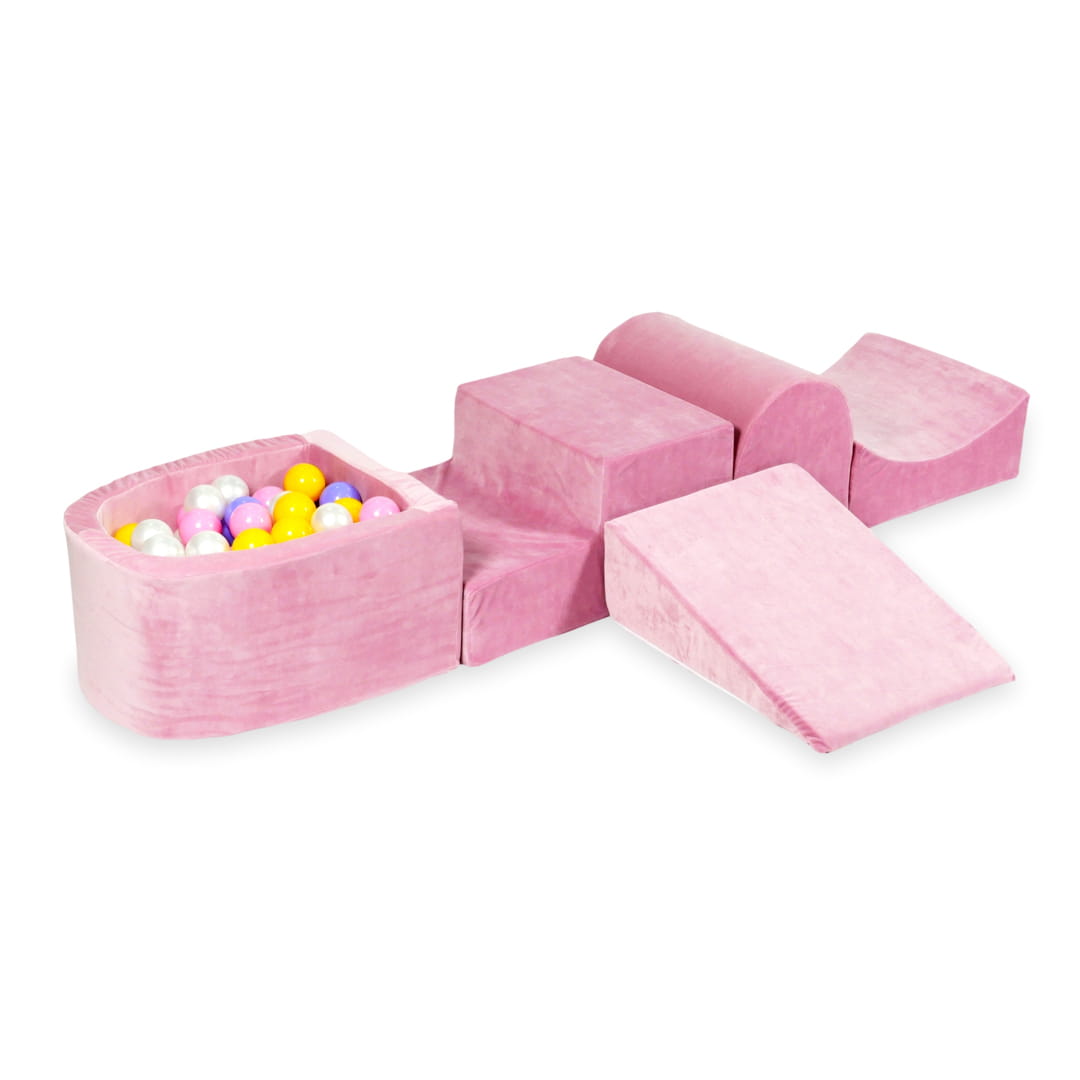 Ensemble de jeu en mousse avec colline et micro piscine velours rose tendre avec balles 100 pièces (bruyère, jaune, rose poudré, perle)