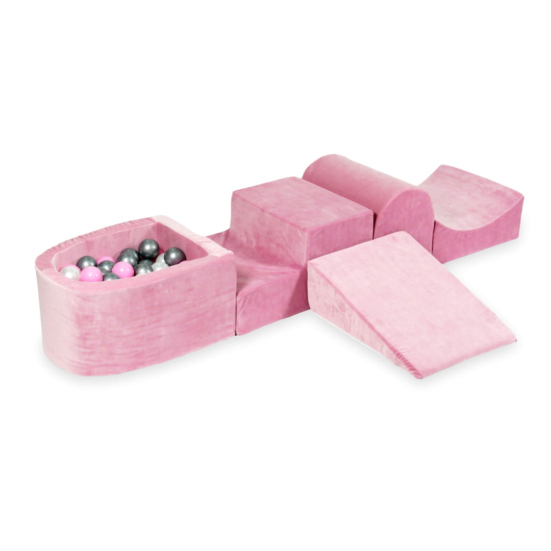 Ensemble de jeu en mousse avec colline et micro piscine velours rose tendre avec balles 100 pièces (perle, argent, rose poudré)