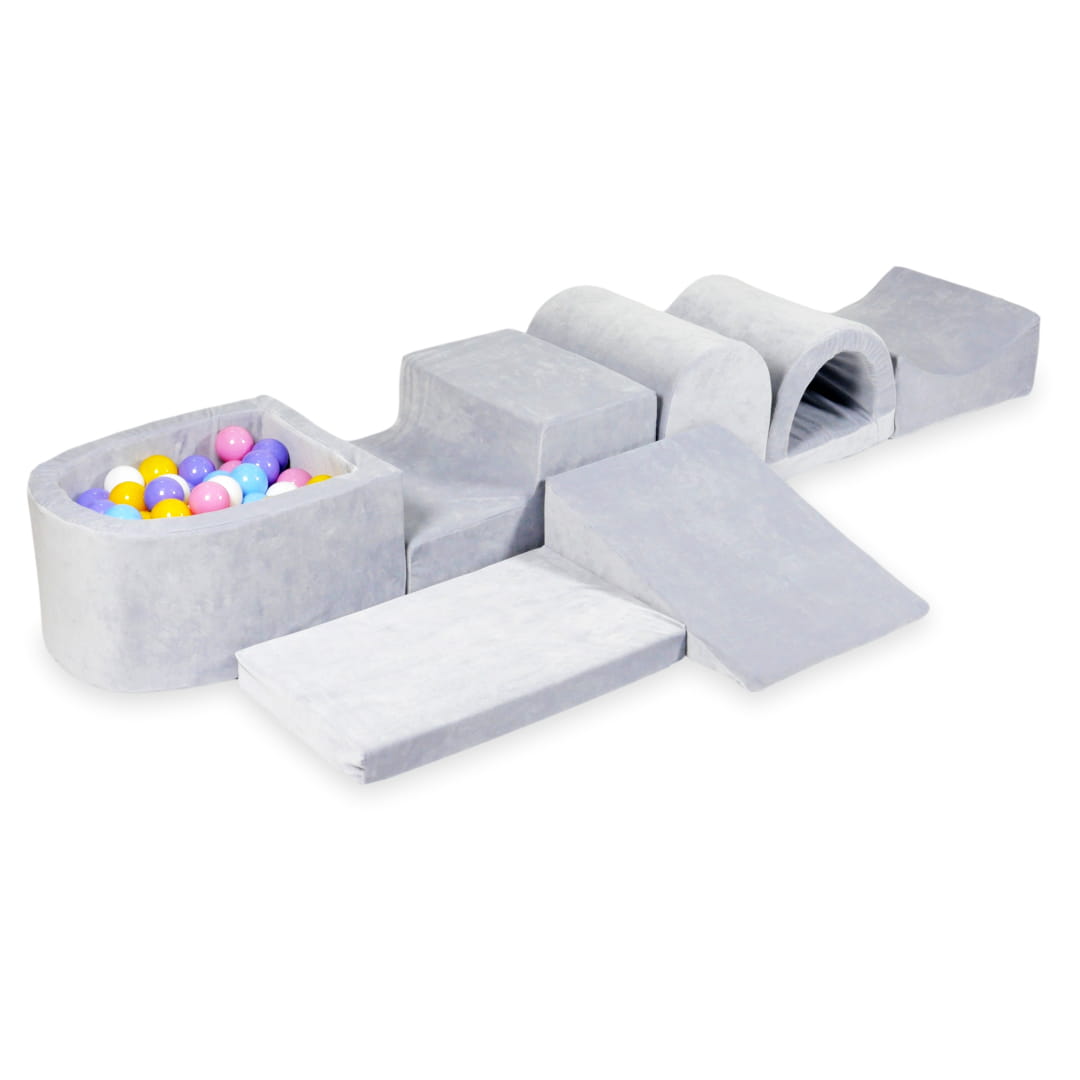 Aire de jeu en mousse avec micro piscine velours doux gris clair avec balles 100 pièces (bleu clair, jaune, chiné, rose poudré, blanc)