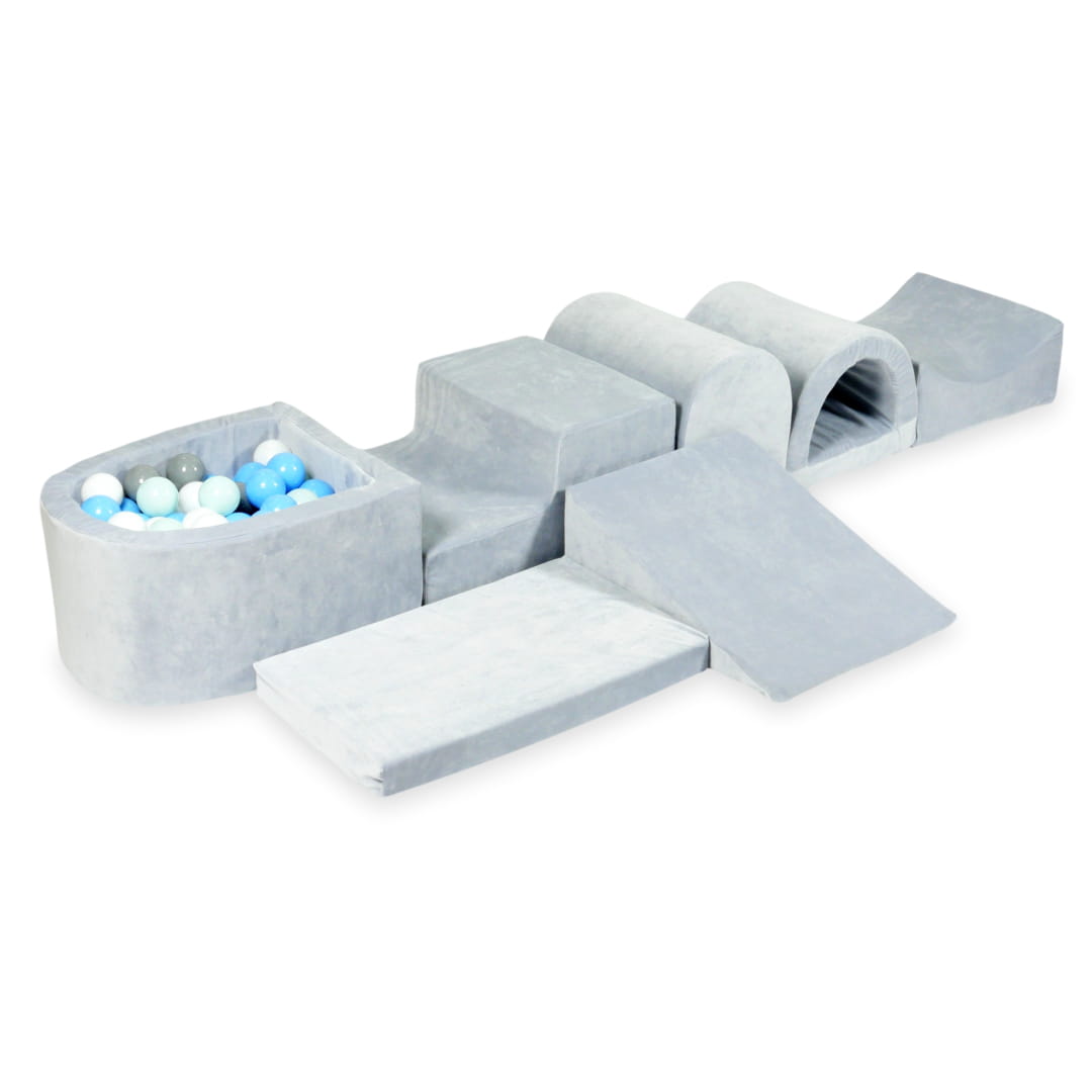 Aire de jeu en mousse avec micro piscine velours doux gris clair avec balles 100 pièces (gris, blanc, bleu clair, menthe clair)